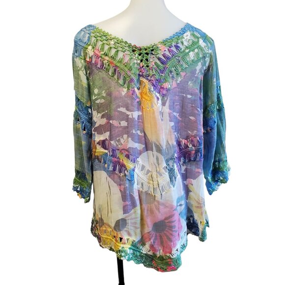 Rain Womens XL Rainbow Boho Floral Crochet Tunic Beach Bathingsuit Coverup - Picture 4 of 11
